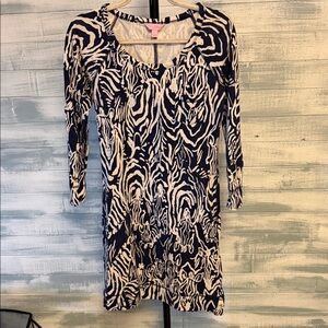 Lilly Pulitzer Navy White Print 3/4 Sleeve Shift Dress Size Small
